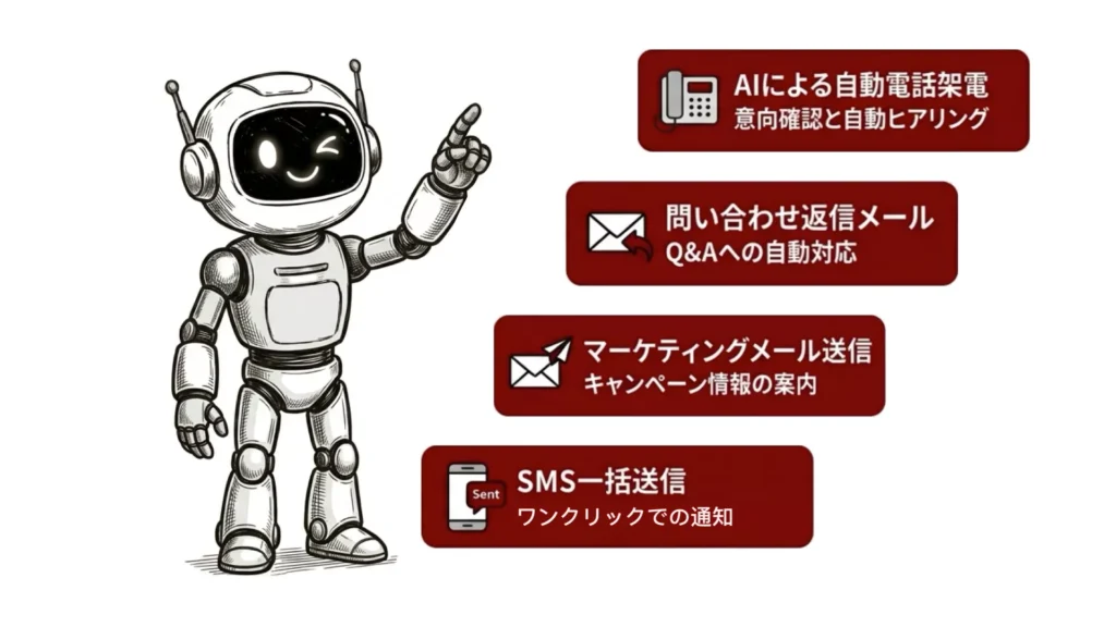 AIが電話・メール・SMSで顧客に自動アプローチする示意図