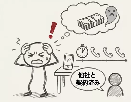 フォロー中に見込み顧客が他社と契約し、担当者が悔しさを感じる様子