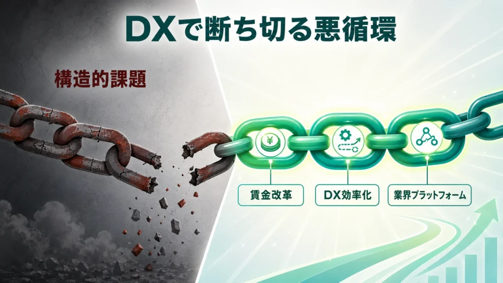 賃金改革・DX効率化・業界プラットフォームの三軸で悪循環を断ち切る打開策を示す概念図