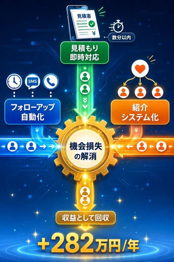 フォローアップ自動化・見積もり即時応答・紹介システム化——3つの機会損失修復メカニズムを示す概念図