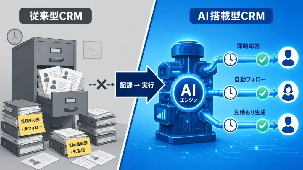 従来型CRM（データ保管システム）からAI CRM（作業実行システム）への転換を示す比較概念図
