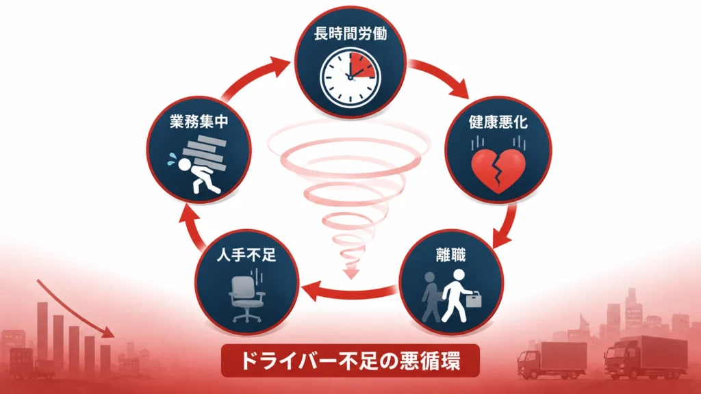 引越しドライバー不足の悪循環——長時間労働・健康悪化・離職・人手不足・業務集中の自己増幅サイクルを示す概念図