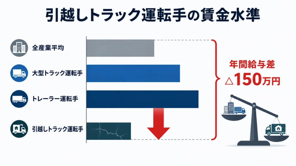 引越しトラック運転手の年収が全産業平均や大型トラック運転手より最大150万円低い構造的格差を示す概念図