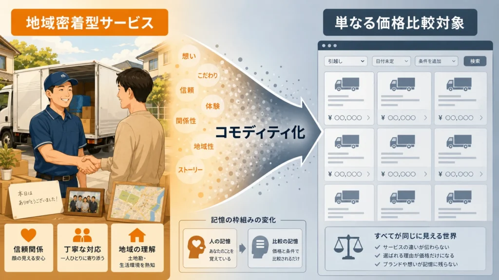 一括見積もりサイトによる引越しサービスのコモディティ化を概念図で表現。地域密着型サービスが価格比較対象へと変質するプロセス