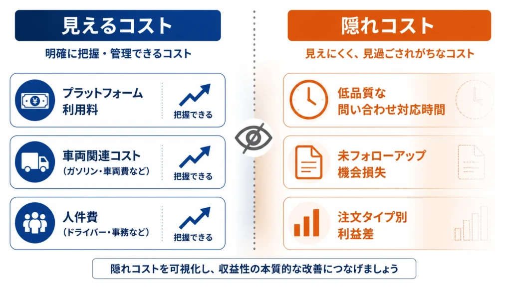 見えるコスト（3項目）と隠れコスト（3項目）を左右対比で表現したインフォグラフィック。隠れコスト側が半透明になり、認識されにくいコストの存在を視覚化。