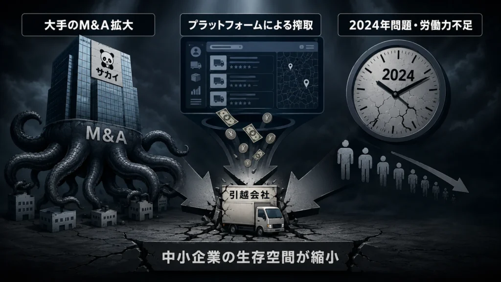 大手のM&A拡大・プラットフォームによる搾取・2024年問題による労働力不足の三重圧力が中小企業を押しつぶす概念図