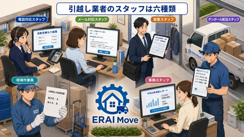引越し業者の6タイプのスタッフと管理方法の違いを示す概念図