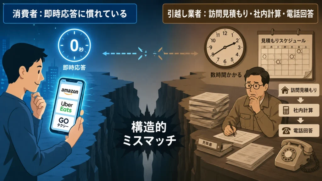 即時応答に慣れた消費者（Amazon・Uber Eats・GOタクシー）と、訪問見積もり・社内計算のアナログな引越し業者の間にある構造的ミスマッチを概念図で表現