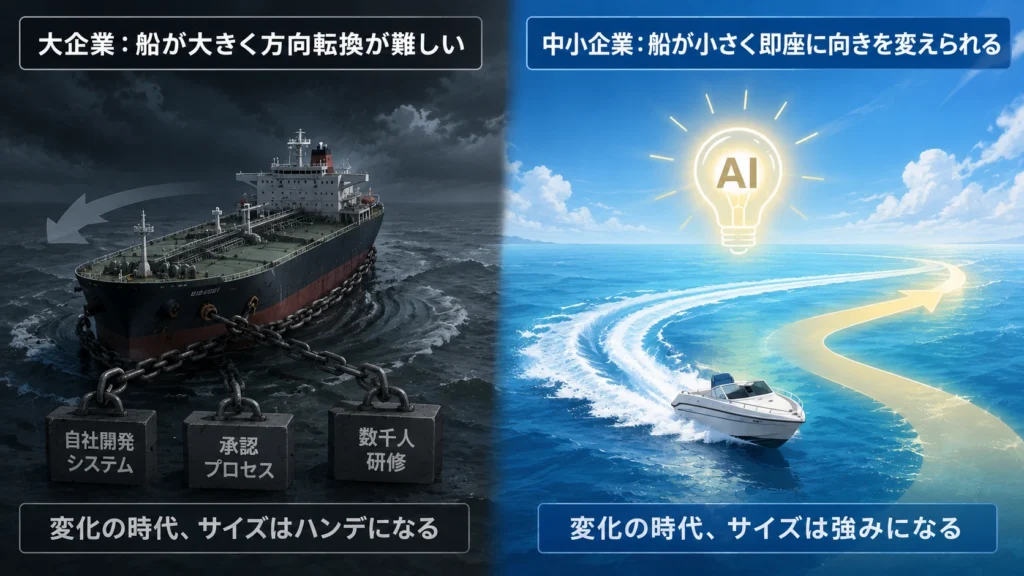 大企業が自社開発システムや承認プロセスに縛られる一方、中小企業は身軽さを生かしてAIツールを即座に導入できることを示す概念図