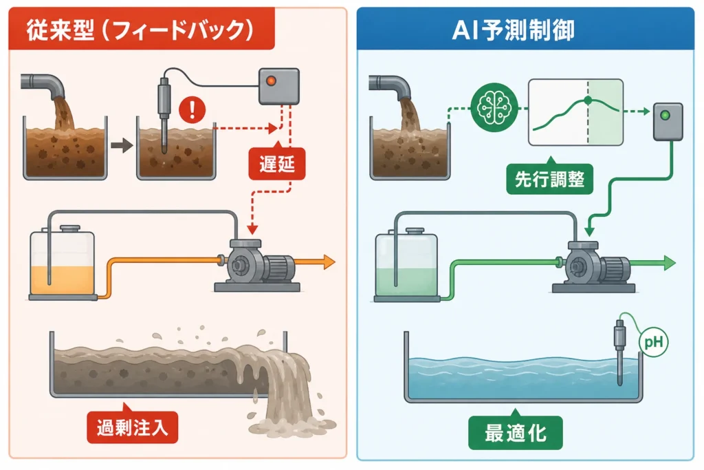 図2:従来型フィードバック制御とAI予測制御の比較