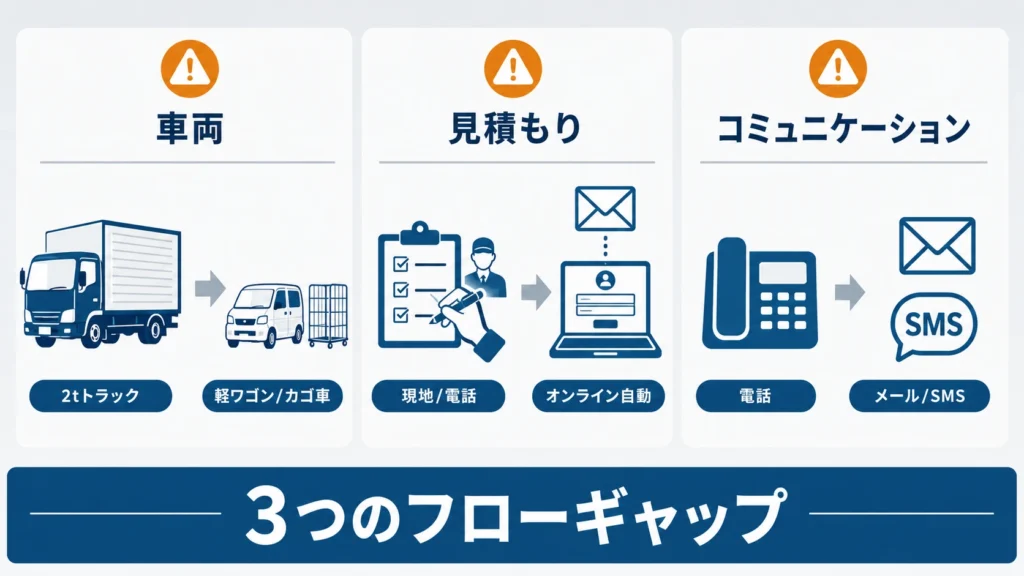 【図解】車両・見積もり・コミュニケーションの3つのフローギャップを図示