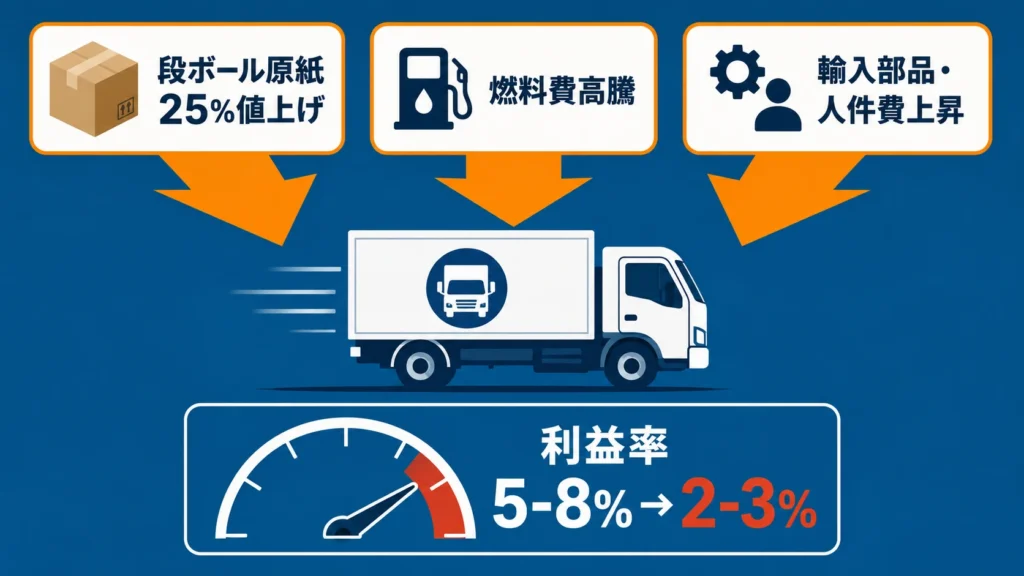【図解】段ボール・燃料・部品の3重コスト上昇圧力の概念図