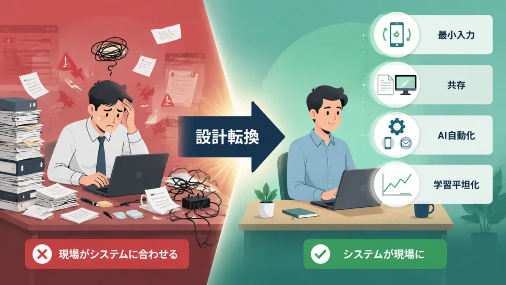 左側の「現場がシステムに合わせる」状態から中央の「設計転換」を経て、右側の「システムが現場に適応する」状態へと変わる流れを示す概念図。最小入力・共存・AI自動化・学習平坦化の四つの原則を配置。