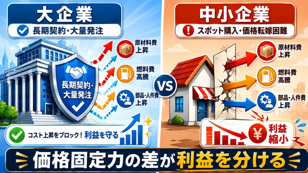 【比較図】大企業と中小企業のコスト構造と価格決定権の違いを示す比較図