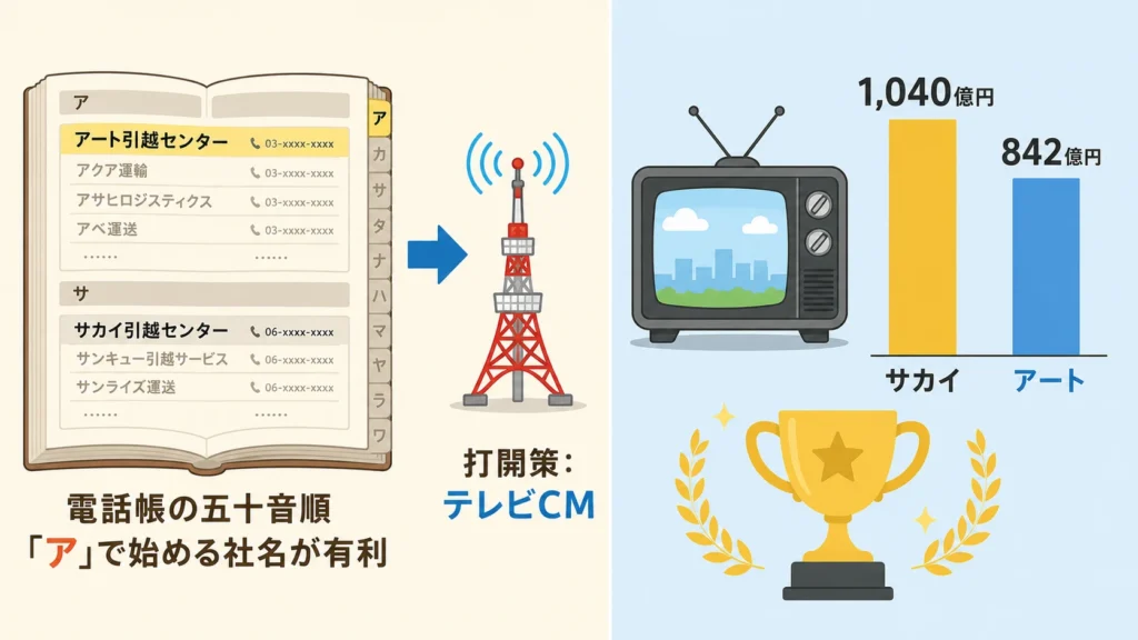電話帳の五十音順で「ア」が有利な電話帳時代 vs CM投資で逆転したサカイの構図