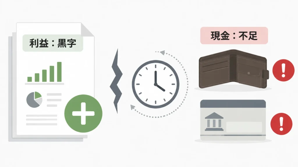 損益計算書は黒字でも銀行口座の現金が不足する状態を示した概念図。法人案件の客単価は高いが30〜60日後にしか入金されず、閑散期に黒字倒産のリスクが生じる。