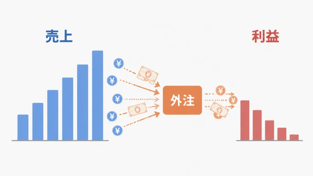 売上は伸びる一方、外注への支払いが増えて利益が縮小する構造を示した概念図。繁忙期の外注が増えるほど1件あたりの粗利が薄くなる。