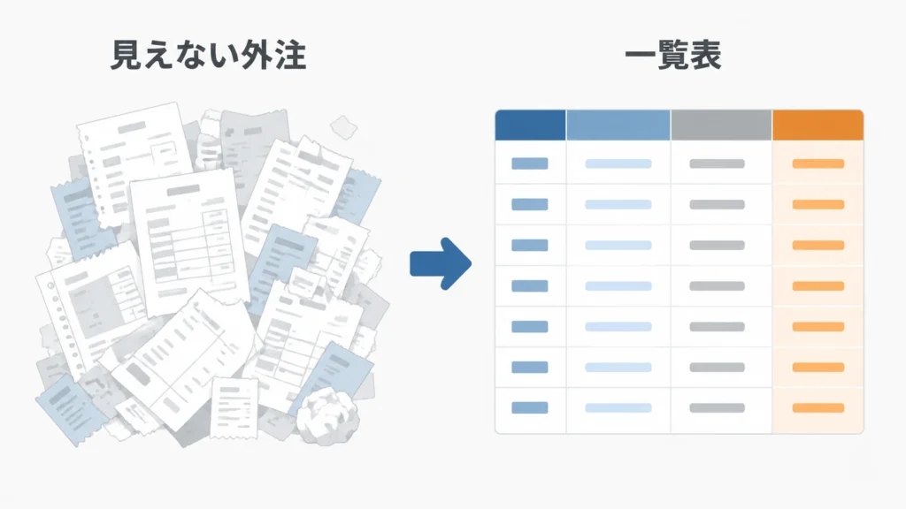 散在する外注コストの支払い情報を一覧表に整理し、案件ごとの外注コストを見える化する概念図。外注を「見えないコスト」から「管理できる数字」に変える。