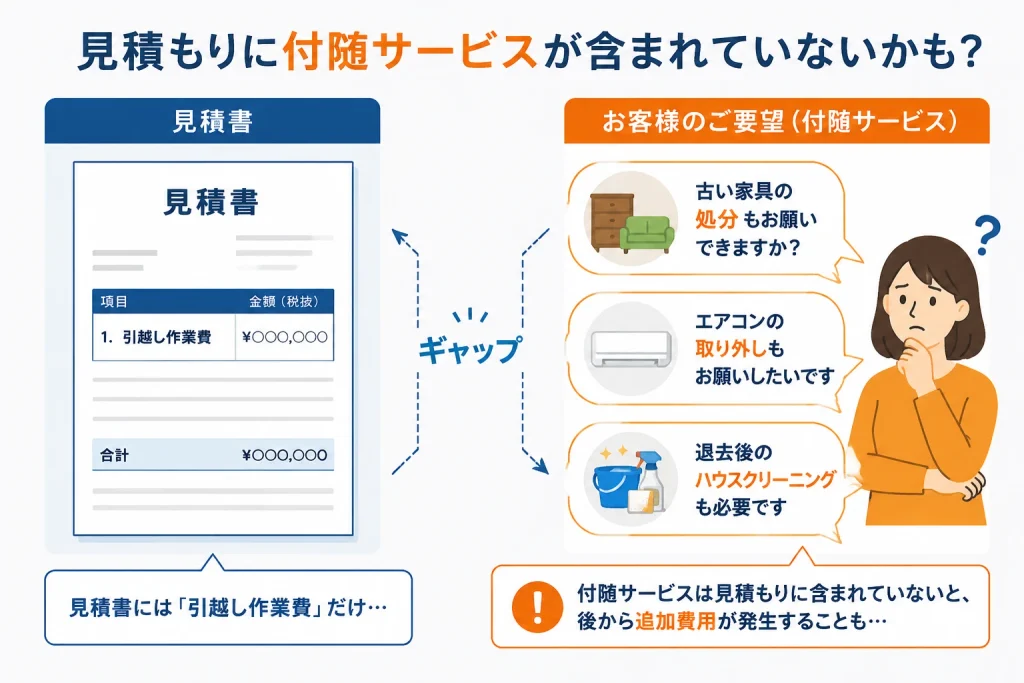 引越し現場で顧客が不用品回収やエアコン脱着を求める需要に対し、業者側に価格表がないことを示す概念図
