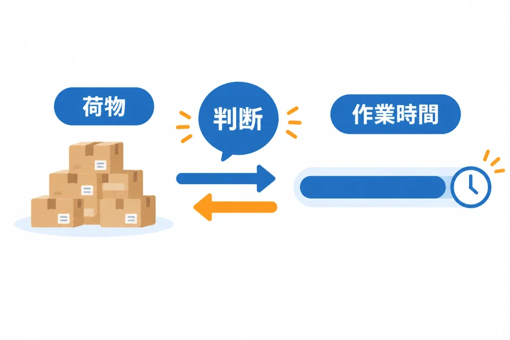 荷物は少ないのに作業時間が長くなる、高齢者引越しの時間構造を示す概念図
