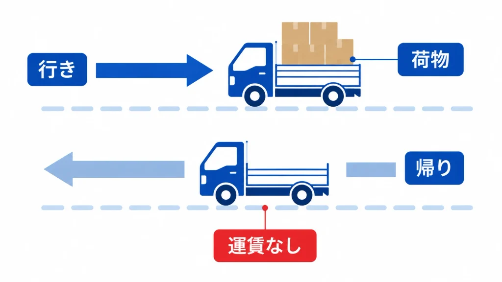 行きは荷物を積み帰りは空車で運賃が発生しない復路の構造を示す概念図