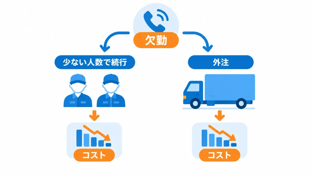 人手が足りない日の二択（少ない人数で続行・外注）とコストの増加を示す概念図