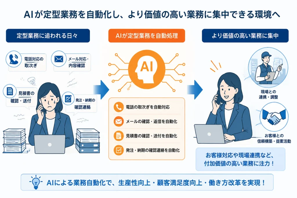 反復的なカスタマーサービス業務（電話・メール・見積もり確認）をAIが自動処理し、担当者が電話対応と現場調整に集中できることを示す概念図