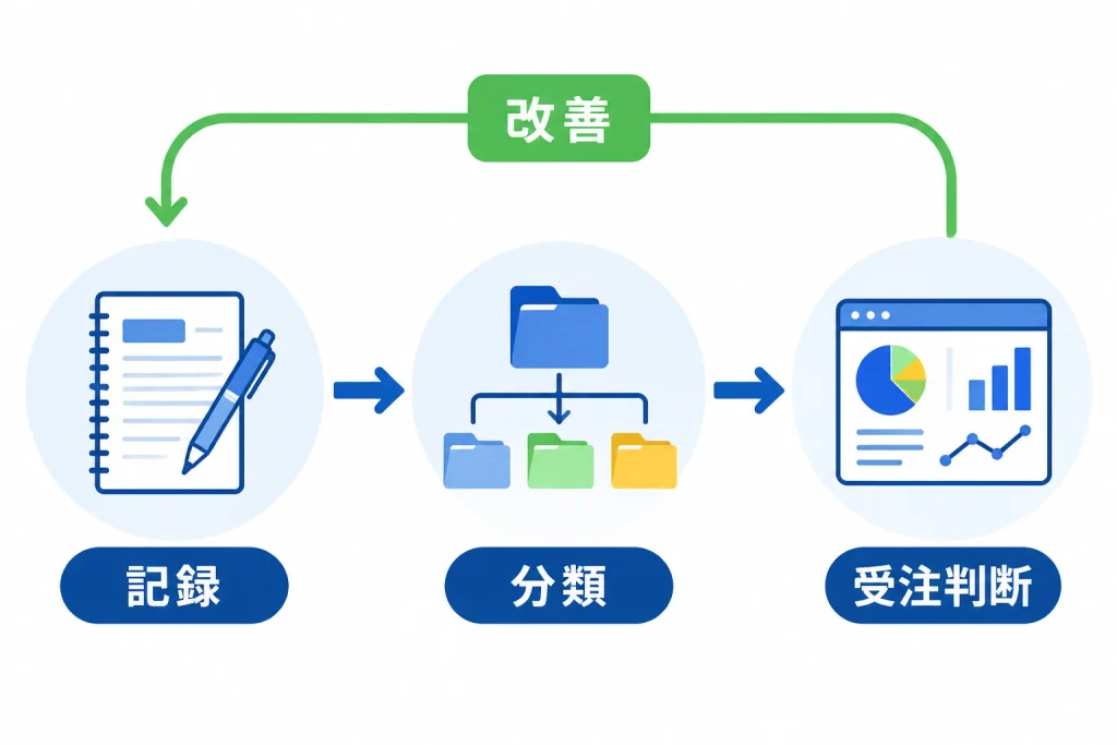 記録・分類・受注判断の3ステップでキャンセルを管理するフローチャートを示す概念図