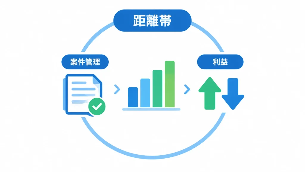 案件管理で距離帯ごとに利益を確認できることを示す概念図